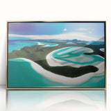 Framed acrylic wall art featuring a vibrant seaside landscape with golden accents, designed to enhance interior decor. Showcases waves and palm trees in a modern style.