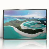 Framed acrylic wall art featuring a serene beach landscape design with vibrant colors and silver frame, ideal for enhancing home decor aesthetics.