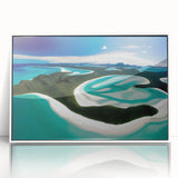 Framed wall art collection featuring a serene beach landscape design with vibrant colors, presented in a sleek white frame, ideal for home decor enhancement. Perfect for creating a calming atmosphere in living spaces.