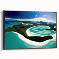 Framed canvas wall art showcasing a serene beach landscape, featuring vibrant colors and a black frame, ideal for enhancing modern home decor.