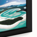 Framed canvas wall art showcasing a vibrant beach landscape, featuring golden sands and turquoise waves under a blue sky, ideal for coastal-themed decor.