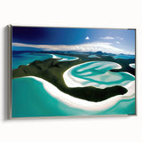 Framed canvas wall art featuring a serene beach landscape design with vivid colors, elegantly displayed with a silver frame, perfect for modern home decor.