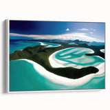 Framed canvas wall art showcasing a serene beach landscape with vibrant colors and intricate details, displayed from a side view, perfect for home decor.