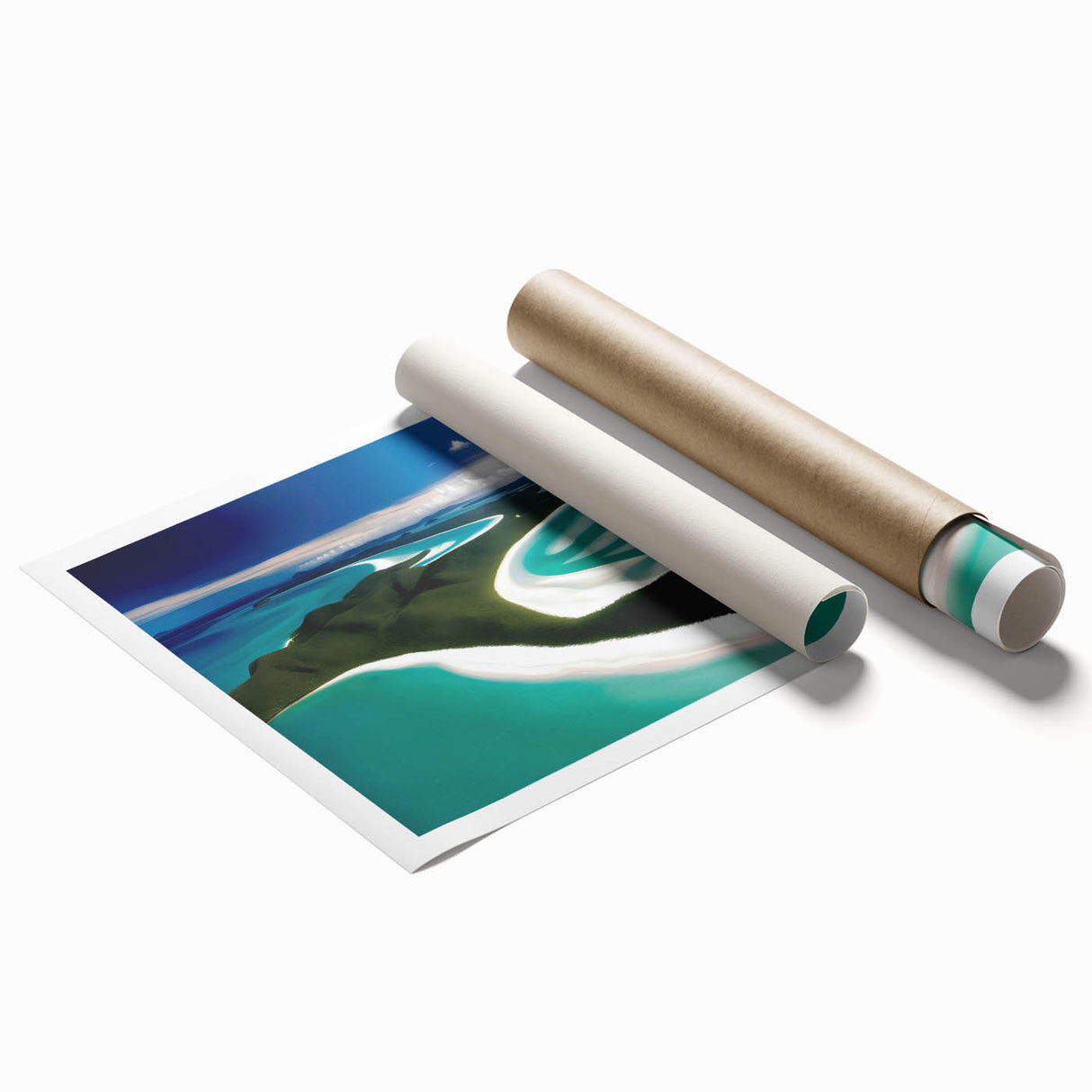 Vibrant wall art print showcasing a serene beach landscape with soft waves and golden sand, rolled and ready for display in a stylish home decor.