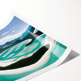 Vibrant rolled print of a beach landscape featuring soft waves and golden sands, ideal for home decor. The artwork showcases serene colors, capturing a peaceful coastal scene perfect for relaxation.