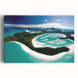 Stretched canvas wall art showcasing a vibrant beach landscape with soft waves, golden sand, and a serene sunset, ideal for coastal decor enthusiasts.