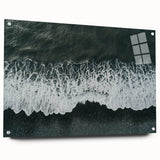 Acrylic glass wall art showcasing a vibrant beach landscape design, featuring vivid colors and intricate details. The artwork is displayed from a side view, highlighting the edge pins that secure it, ideal for modern home decor.