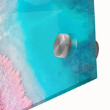 Close-up of an acrylic glass wall art piece showcasing a serene beach landscape with vibrant colors, perfect for home decor and relaxation themes.