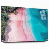 Acrylic glass wall art piece showcasing a serene beach landscape design, displayed from a side view with decorative pins, perfect for modern home decor.