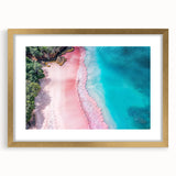 Framed wall art featuring a serene beach landscape with vibrant colors, elegant gold frame, and matting, perfect for home decor. Ideal for enhancing interior aesthetics and creating a calming atmosphere.