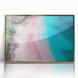 Framed wall art featuring a serene beach landscape with golden accents, showcasing tranquil waves and a vibrant sunset, perfect for home decor enhancement.