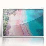 Framed wall art featuring a serene beach landscape design, showcasing vibrant colors and intricate details, with a sleek white frame enhancing its aesthetic appeal. Ideal for coastal home decor.