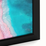 Framed canvas wall art showcasing a vibrant beach landscape design, featuring calming blues and sandy tones, perfect for enhancing modern home decor.