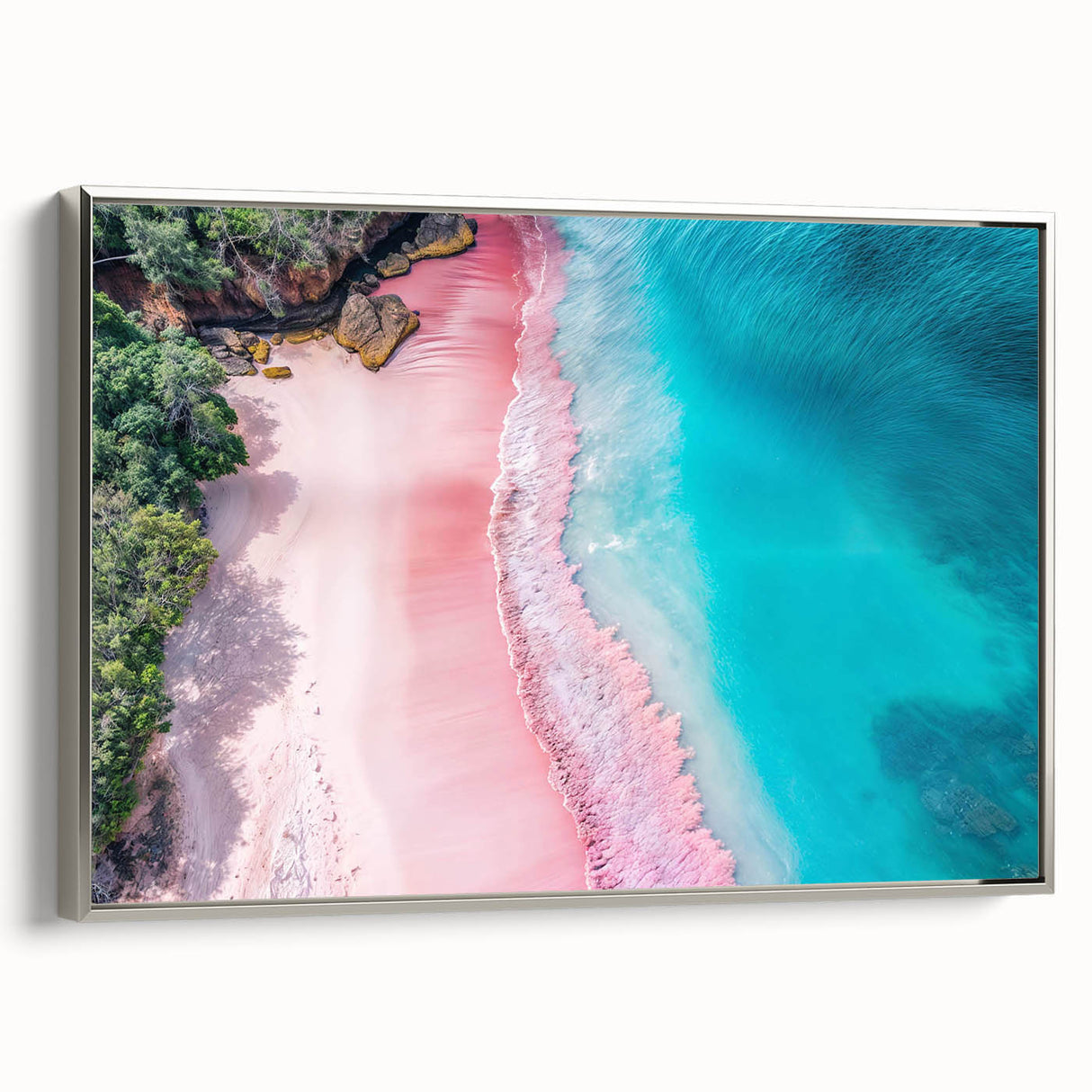 Framed canvas wall art showcasing a serene beach landscape with vibrant colors, elegantly presented with a sleek silver frame, perfect for home decor.