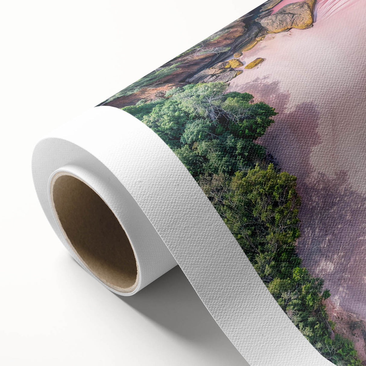 Vibrant rolled canvas print showcasing a serene beach landscape with soft waves and golden sand, perfect for home decor and wall art collections.