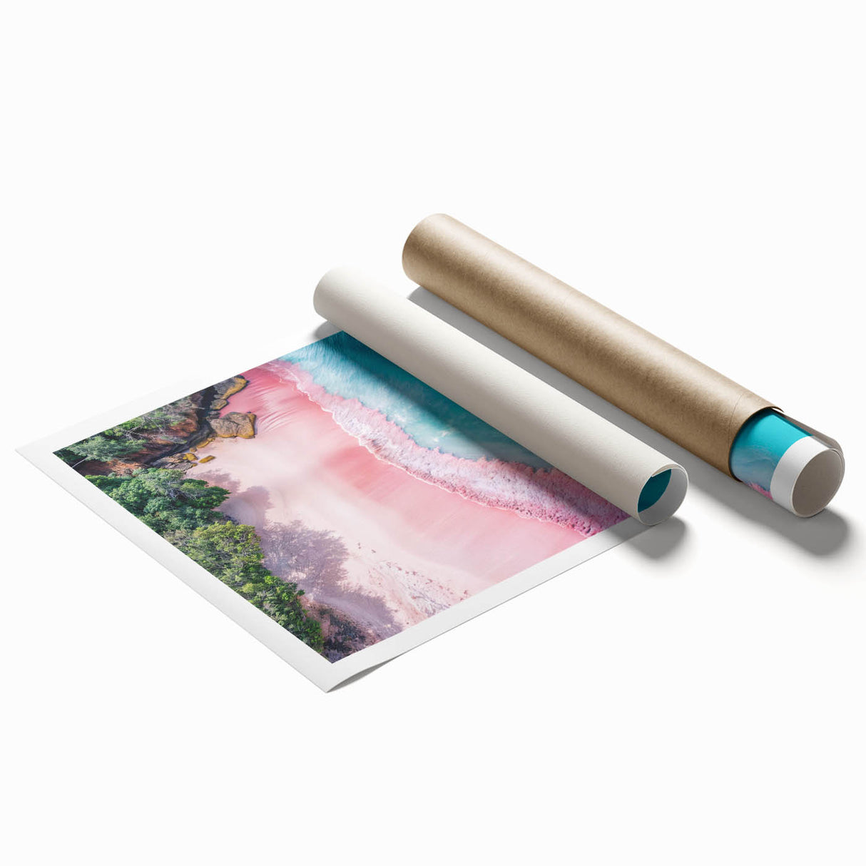 Vibrant beach landscape wall art print showcasing a serene ocean view with soft waves and golden sand, rolled for easy shipping and display. Perfect for coastal decor enthusiasts.