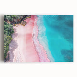 Stretched canvas artwork depicting a serene beach landscape with vibrant colors, ideal for home decor, showcasing calming ocean waves and sandy shores.