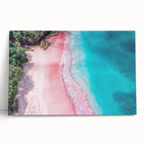Stretched canvas wall art showcasing a vibrant beach landscape with golden sand and turquoise waves, perfect for coastal home decor. Ideal for creating a serene atmosphere in living spaces.