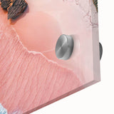 Close-up of a vibrant acrylic glass wall art piece showcasing a serene beach landscape, featuring calming blue and sandy hues, perfect for home decor.