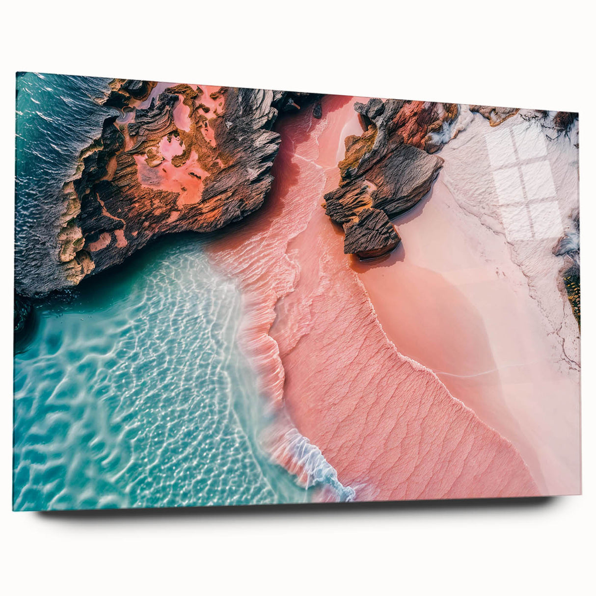 Acrylic glass wall art collection showcasing a vibrant beach landscape design, presented in a side view without pins, perfect for home decor enthusiasts.