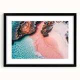 Framed black wall art showcasing a serene beach landscape with vibrant colors, perfect for enhancing home decor, available with a mat for added elegance.