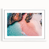 Framed white wall art showcasing a serene beach landscape with soft pastel colors; perfect for home decor to evoke calmness and relaxation.
