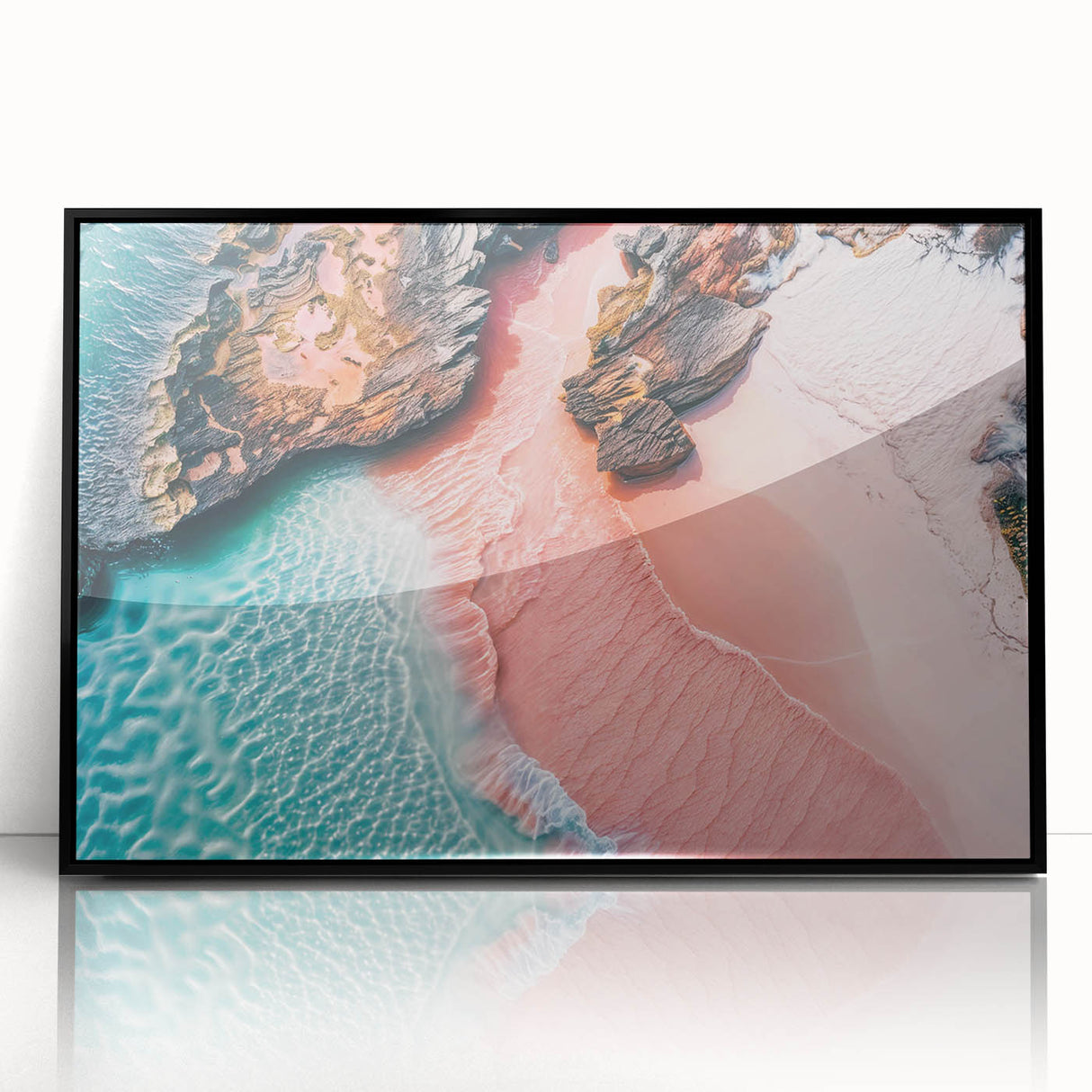 Framed acrylic wall art showcasing a vibrant beach landscape design with rich colors, perfect for enhancing modern home decor and creating a serene atmosphere.