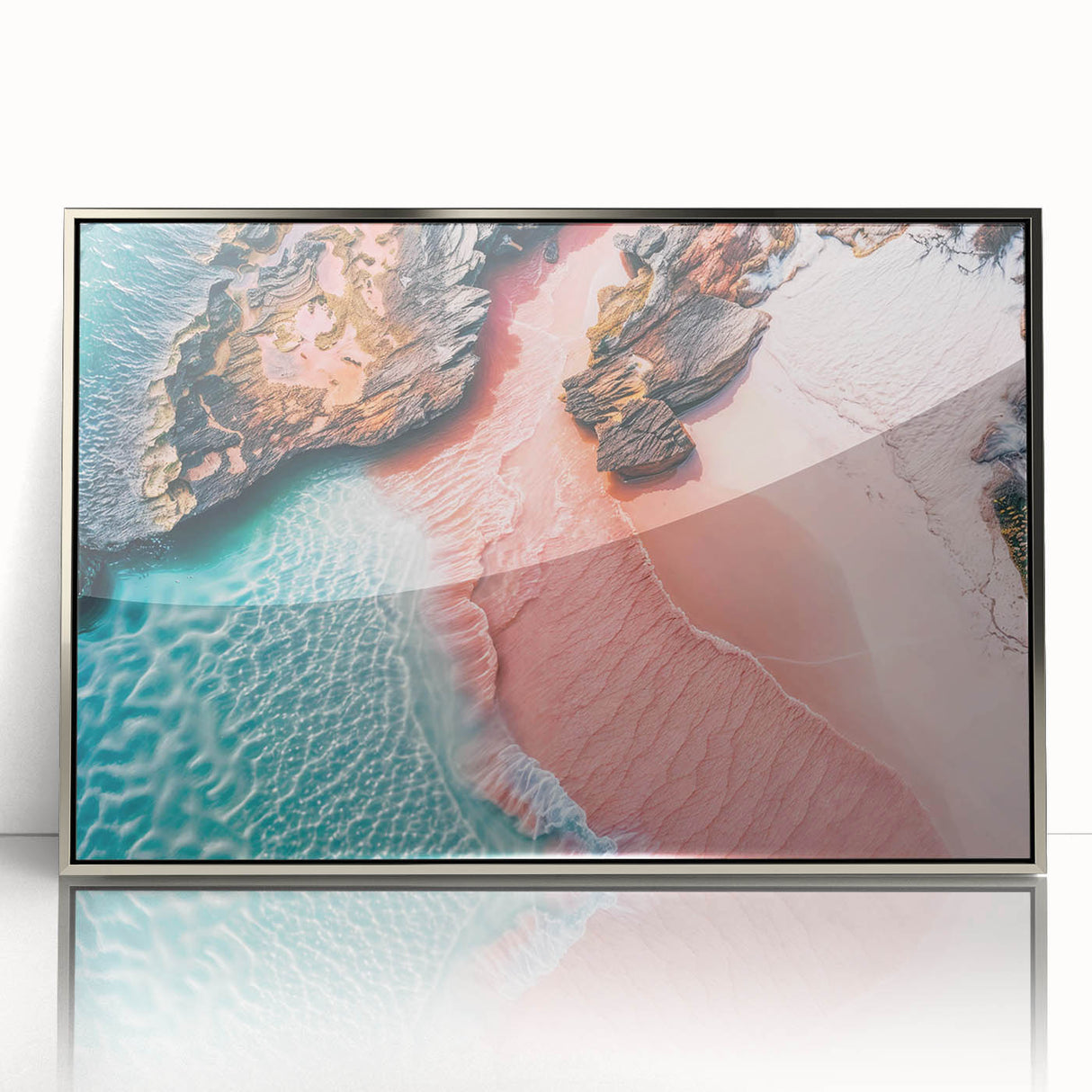 Framed acrylic wall art featuring a serene beach landscape with vibrant colors and a silver frame, ideal for enhancing home decor and creating a tranquil atmosphere.
