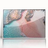 Framed acrylic wall art featuring a vibrant beach landscape design, showcasing serene ocean waves and soft sands in a white frame, ideal for brightening home decor.