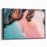 Framed canvas wall art showcasing a serene beach landscape with vibrant colors, black frame accentuating the view, ideal for coastal decor enthusiasts.