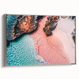 Framed canvas wall art showcasing a serene beach landscape, featuring vibrant colors and intricate details, elegantly displayed with a silver frame. Ideal for home decor.