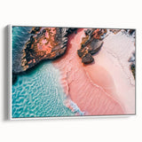 Framed canvas wall art showcasing a serene beach landscape with vibrant colors and intricate details, presented from a side view against a white background.
