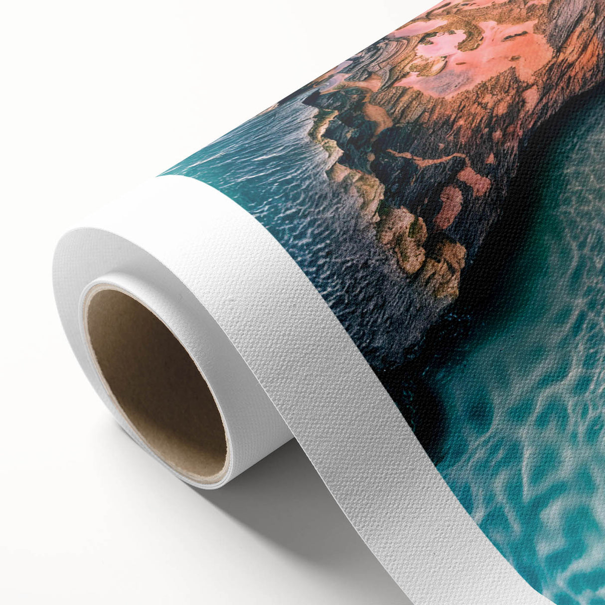 Vibrant rolled canvas showcasing a stunning beach landscape design with vivid colors and intricate details, ideal for home decor and artistic expression.