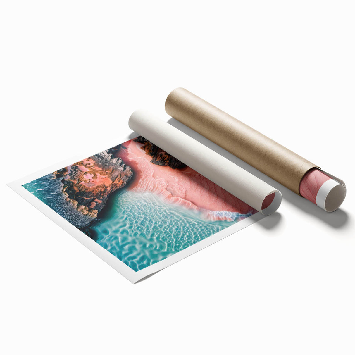 Vibrant rolled print of a serene beach landscape featuring soft blue waters and golden sands, ideal for home decor or wall art collection, showcasing tranquility and nature's beauty.