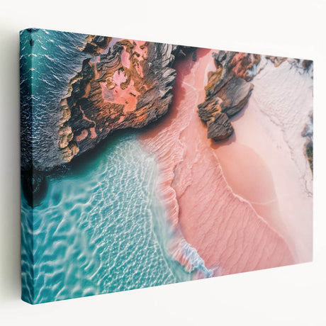 Stretched canvas wall art showcasing a serene beach landscape with vibrant blue waters and soft golden sand, ideal for coastal-themed home decor.