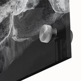 Close-up of an acrylic glass wall art piece showcasing vibrant beach landscapes, featuring vivid blues and sandy tones, ideal for home decor enthusiasts.