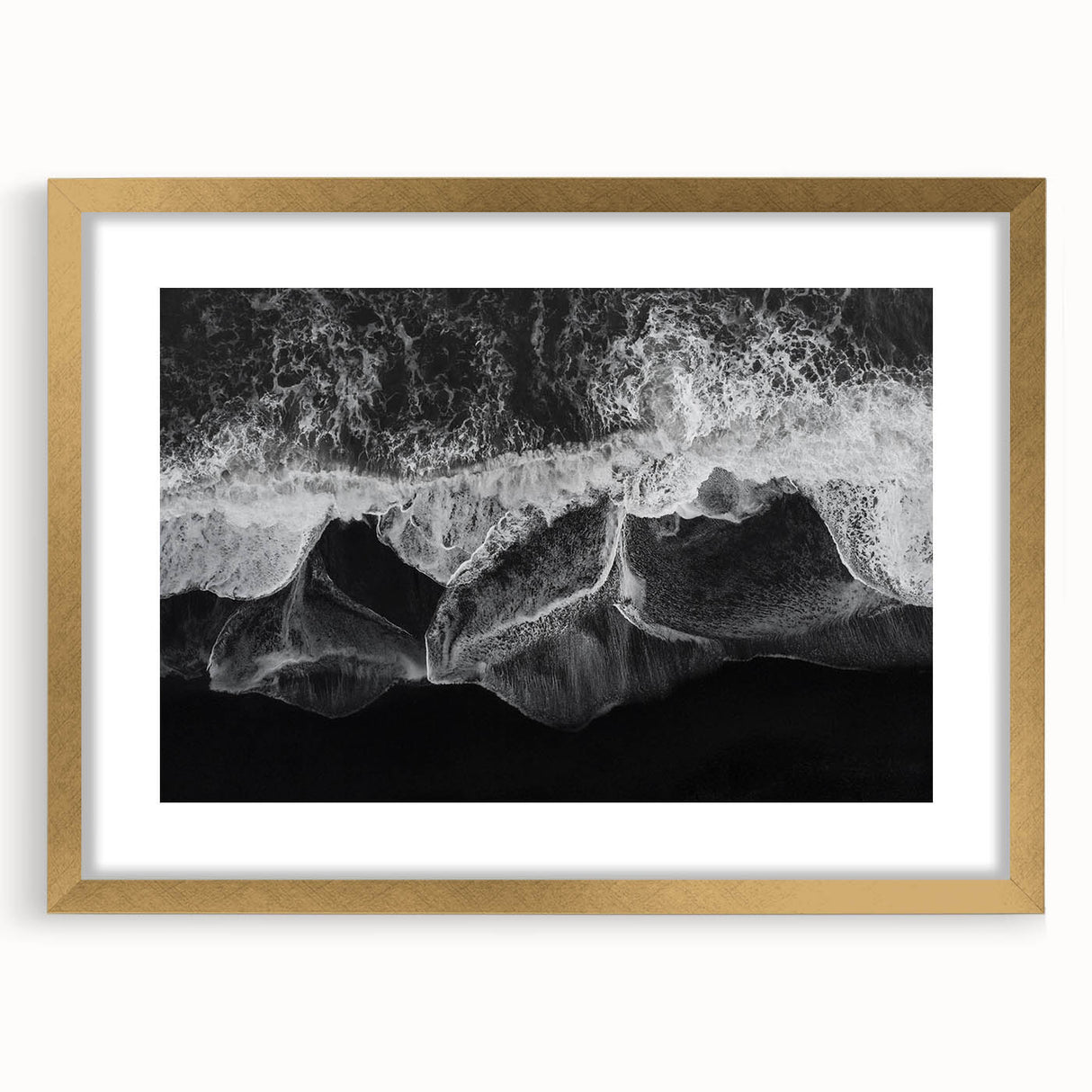 Framed wall art featuring a serene beach landscape in soft pastel colors, elegantly presented with a gold mat and frame, ideal for home decor.