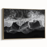 Framed canvas wall art showcasing a serene beach landscape with golden accents, highlighting gentle waves and a vibrant sunset. Perfect for coastal decor.