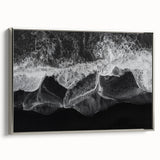 Framed canvas wall art showcasing a serene beach landscape with vibrant colors, featuring a silver frame and a side view highlighting its elegant design, perfect for home decor.