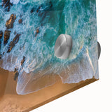 Close-up view of a vibrant acrylic glass artwork depicting a serene beach landscape, showcasing vivid colors and intricate details, perfect for home decor.