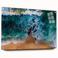 Acrylic glass wall art collection showcasing a serene beach landscape, displayed in a stylish side view with colorful pins, perfect for enhancing modern decor.