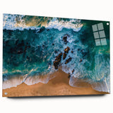 Acrylic glass wall art collection showcasing a serene beach landscape, displayed in a stylish side view with colorful pins, perfect for enhancing modern decor.
