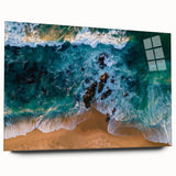 Acrylic glass wall art collection showcasing a serene beach landscape with vibrant colors and intricate details, displayed from a side view without pins. Perfect for coastal-themed decor.