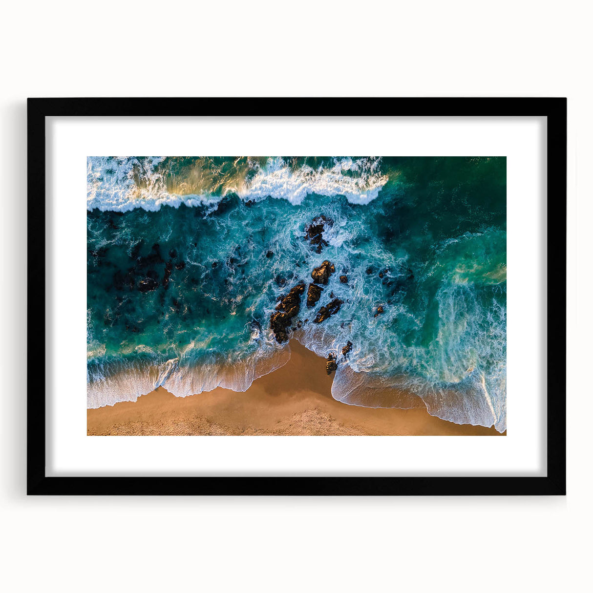 Framed wall art collection showcasing a serene beach landscape design with vibrant colors and a black mat, ideal for enhancing modern interiors.