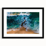 Framed wall art collection showcasing a serene beach landscape design with vibrant colors and a black mat, ideal for enhancing modern interiors.