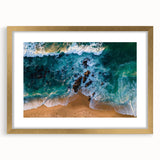 Golden-framed wall art collection showcasing serene beach landscapes with vibrant colors, elegantly matted for a sophisticated look, perfect for home decor.