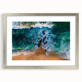 Silver-framed wall art collection showcasing vibrant beach landscapes, elegantly matted for a refined finish, perfect for enhancing home decor.