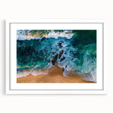 White-framed wall art collection featuring serene beach landscapes with soft pastel colors, elegantly matted for a polished look, perfect for home decor.