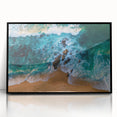 Framed wall art collection showcasing a serene beach landscape design with vibrant colors, presented in a sleek black frame, ideal for modern decor.