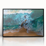 Framed wall art collection showcasing a serene beach landscape design with vibrant colors, presented in a sleek black frame, ideal for modern decor.